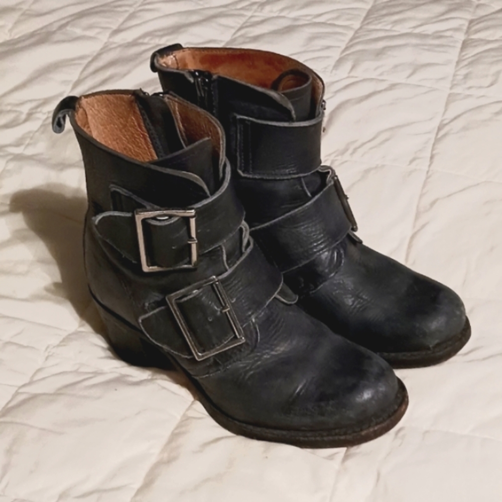 Frye Black Leather Ankle Boots with Buckles